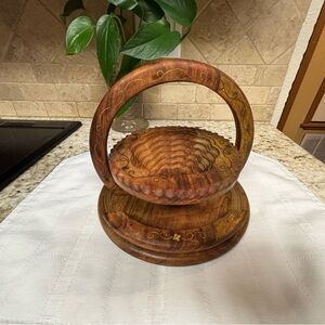 Vintage Handmade Wood Collapsible Basket With Brass Inlay